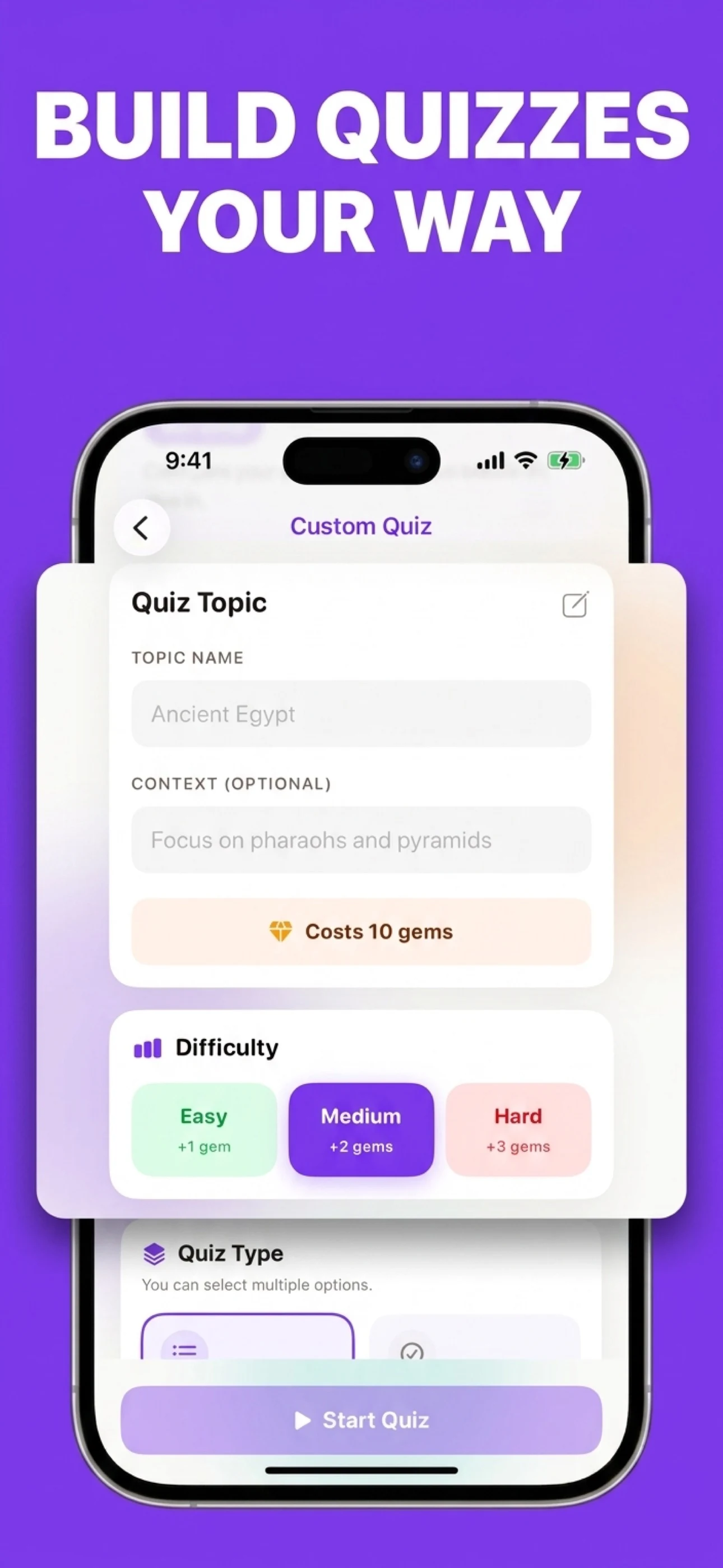 SmartQuiz quiz setup screen with choices for topic, difficulty, and question type