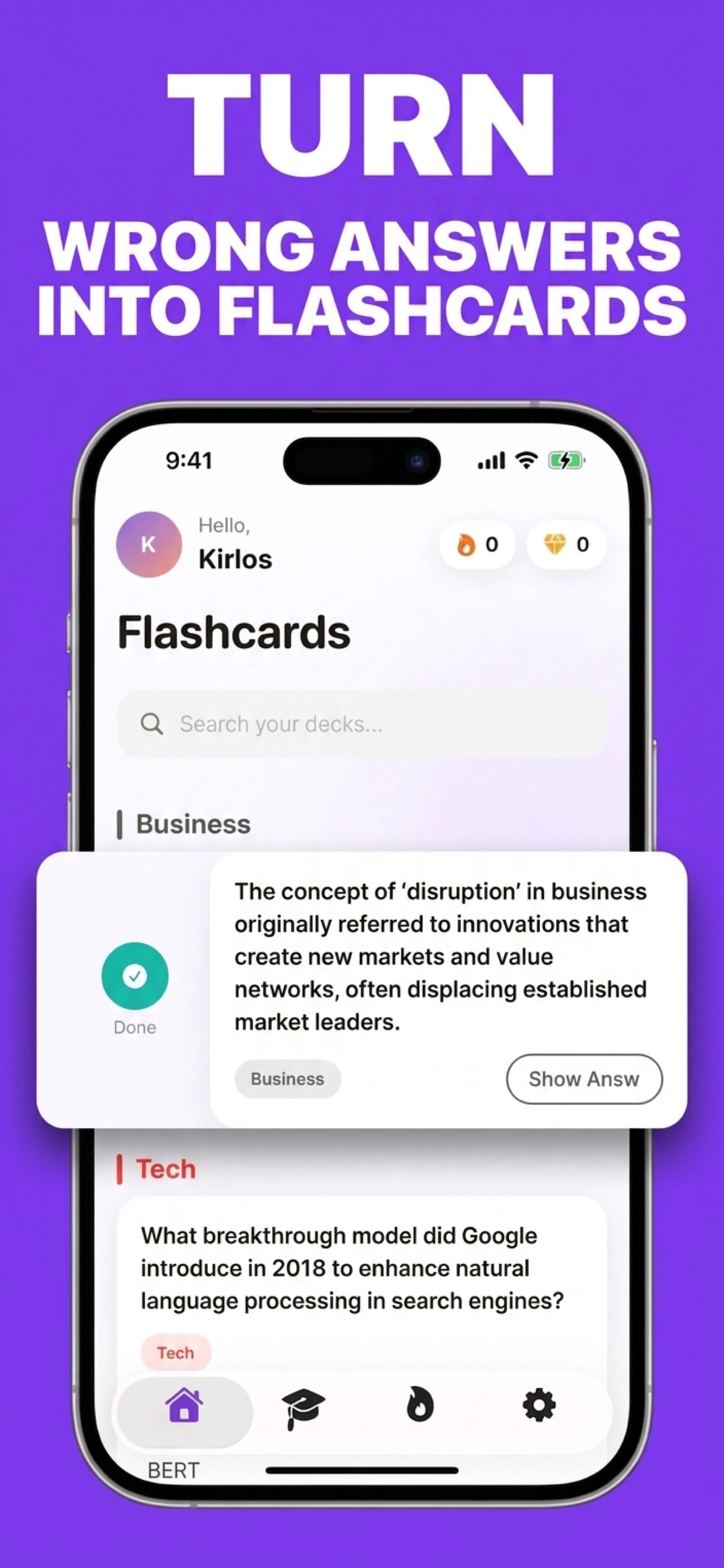 SmartQuiz flashcards turn a missed quiz answer into a chance to review