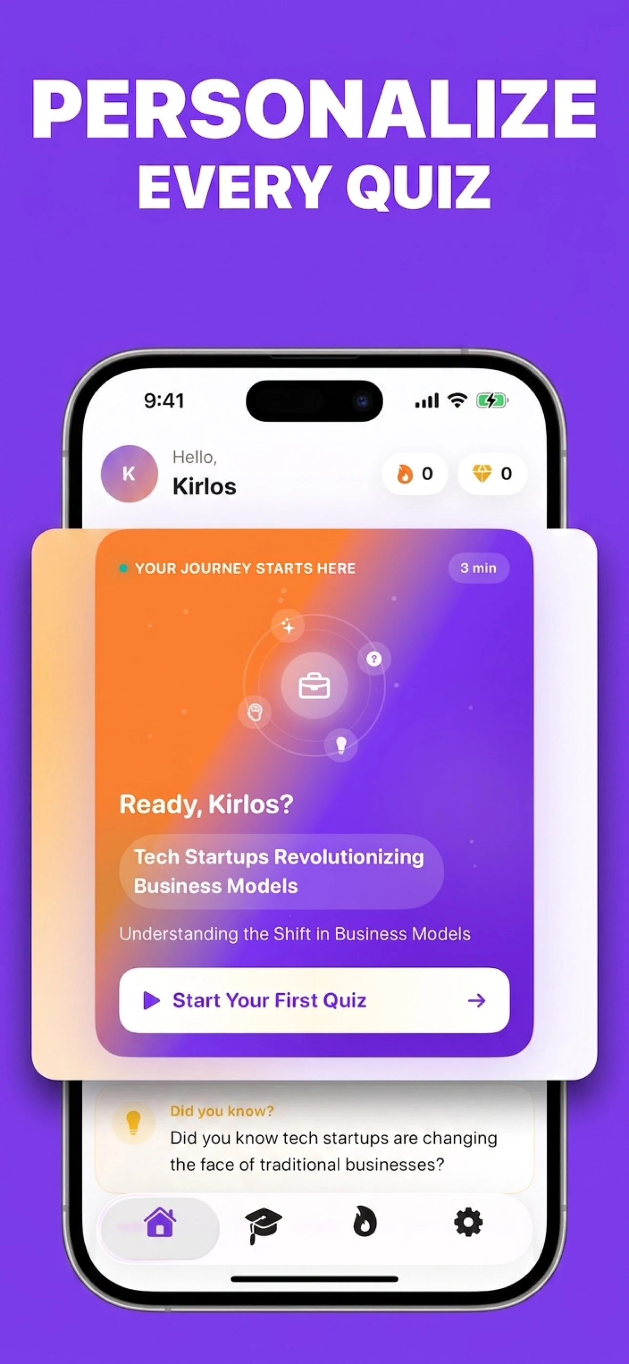 SmartQuiz home screen showing a personalized daily learning topic and quick-start quiz